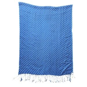 Blue White Polka Dot Scarf Shawl Lightweight Fringed‎ Cotton Blend Womens
